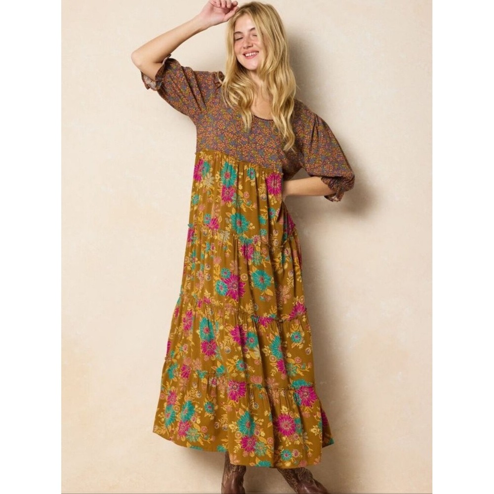 NEW Natural Life Collette Tiered Floral Maxi Dress Ruffle Womens Small Mix Print